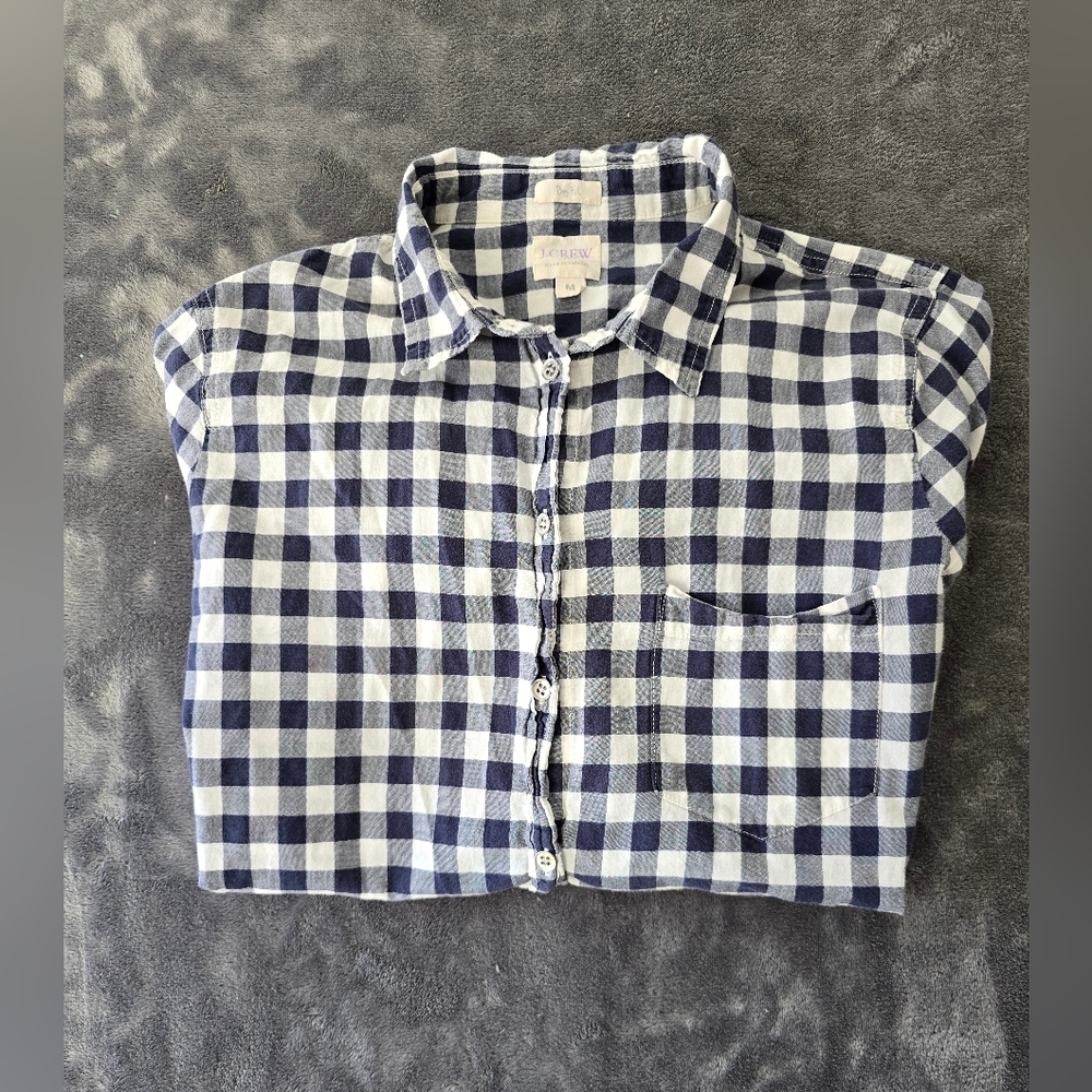 J. Crew Boy Fit Navy And White Gingham Button Shirt Size Medium